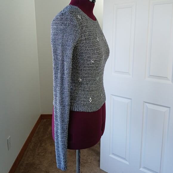 Hollister Grey Sparkle Knit Sweater Medium repaired bejeweled silver lightweight - Picture 4 of 16